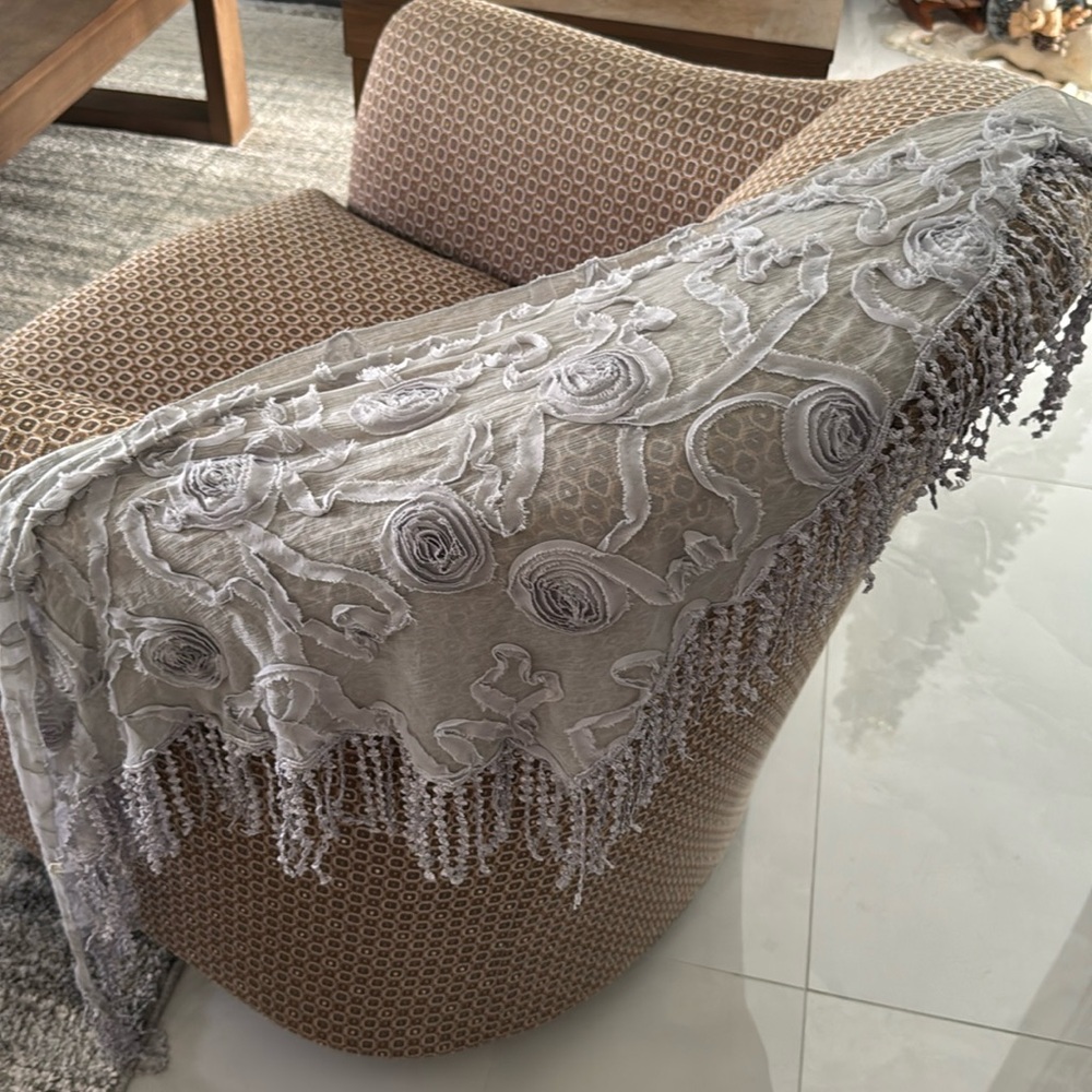 Elegant Light Gray Embroidered Fringe Wrap Scarf
